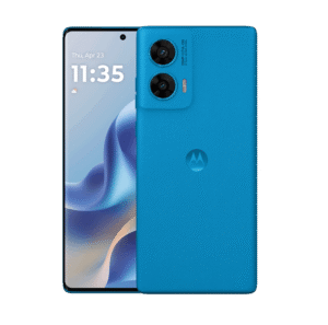 Close-up of the Motorola Moto G96 5G smartphone in Pantone Ashleigh Blue, showcasing its 6.67-inch 3D curved pOLED display and sleek vegan leather finish, with the 50MP Sony LYTIA 700C rear camera visible.
