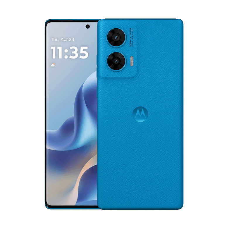 Close-up of the Motorola Moto G96 5G smartphone in Pantone Ashleigh Blue, showcasing its 6.67-inch 3D curved pOLED display and sleek vegan leather finish, with the 50MP Sony LYTIA 700C rear camera visible.