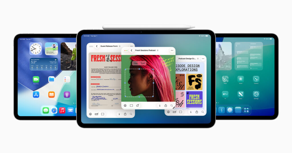 "iPad running iPadOS 26 with redesigned widgets and multitasking interface"