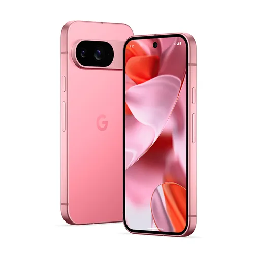 A Google Pixel 9 Pro smartphone in Rose Quartz color, positioned upright against a clean white background. The phone’s 6.3-inch Super Actua OLED display is visible, showing a vibrant home screen. The redesigned pill-shaped camera module on the back features a triple-lens system, with the polished aluminum frame and Gorilla Glass Victus 2 reflecting light subtly.