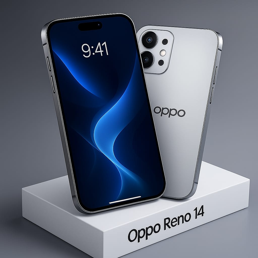 A modern Oppo Reno 14 smartphone with a vibrant blue finish, resting on its branded box, captured in a serene garden setting.
