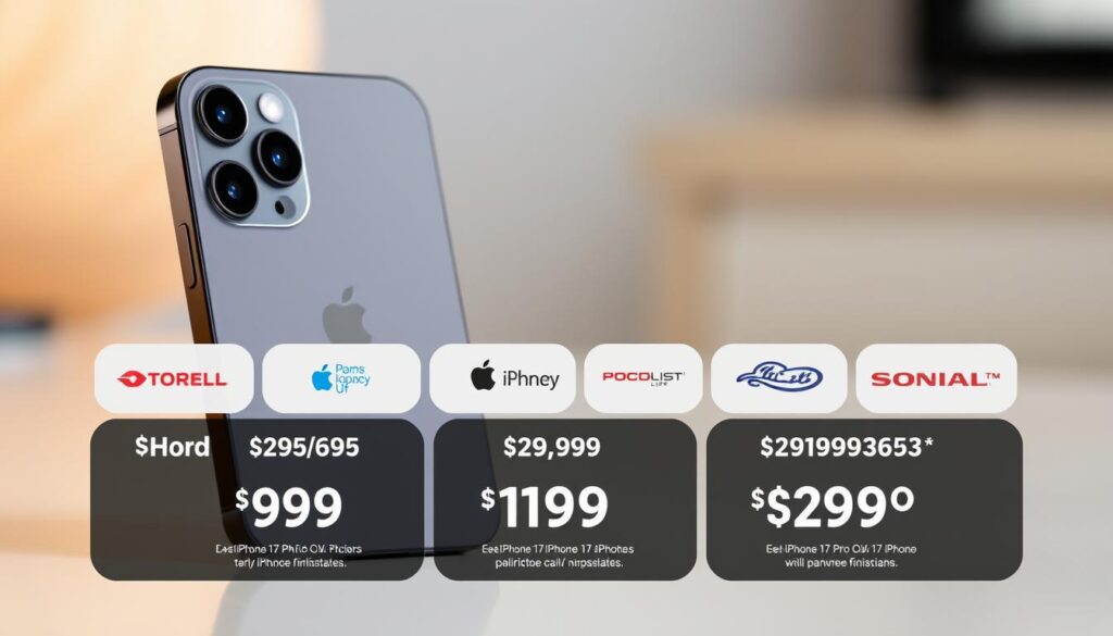 Close-up of the iPhone 17 Pro Max in a sleek titanium finish, showcasing its triple-camera system and large OLED display, set against a modern tech background.