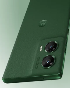 Close-up of the Motorola Moto G96 5G smartphone in Pantone Ashleigh Blue, showcasing its 6.67-inch 3D curved pOLED display and sleek vegan leather finish, with the 50MP Sony LYTIA 700C rear camera visible.